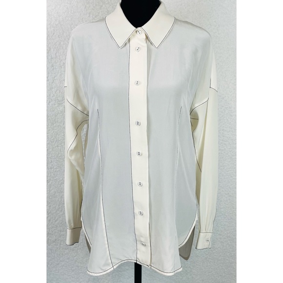 Alexis Tops - ALEXIS • 100% Silk White/Black Contrast Long Sleeve Button-Down Shirt, S